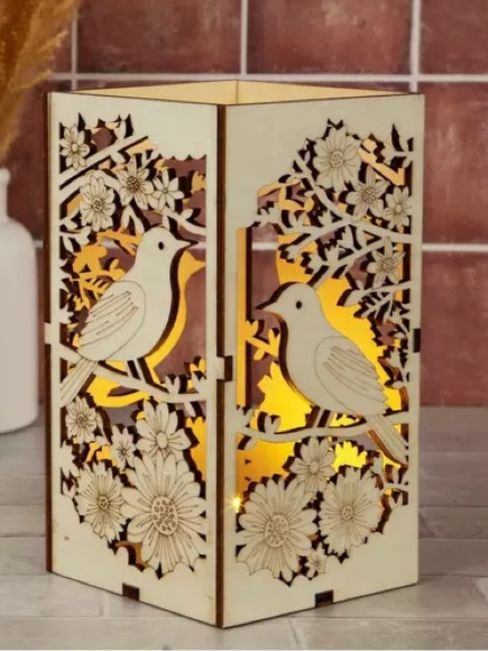 Birds & Florals Light Up Wood Lantern